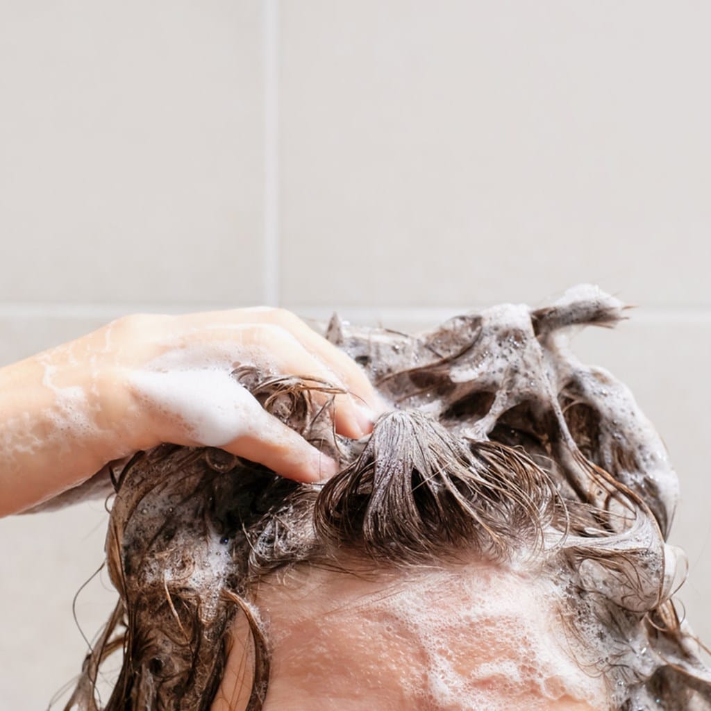 woman washing her hair with shampoo